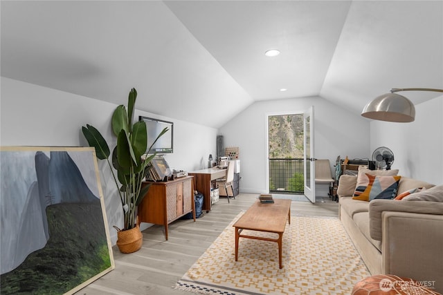485 Hidden Ln, Chelan, WA 98816 - office area with light wood-type flooring, lofted ceiling, and recessed lighting