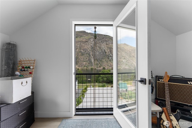 485 Hidden Ln, Chelan, WA 98816 - entryway featuring vaulted ceiling, plenty of natural light, a mountain view, and wood finished floors