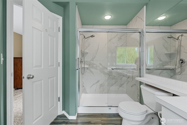 4714 Fairwood Blvd NE Unit 1704, Tacoma, WA 98422 - bathroom with a marble finish shower, vanity, wood finished floors, and recessed lighting