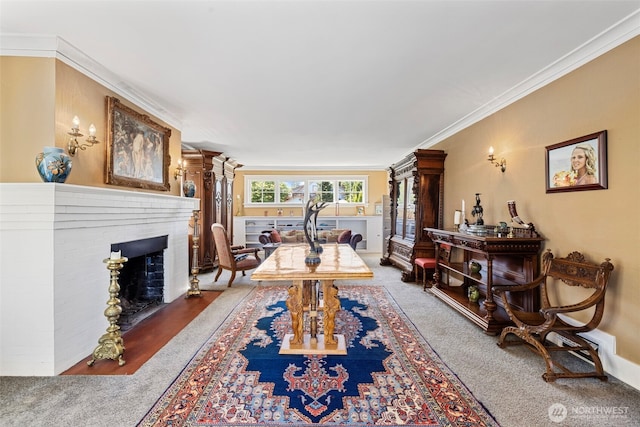 4410 N 45th St, Tacoma, WA 98407 - living area featuring carpet, a brick fireplace, and ornamental molding