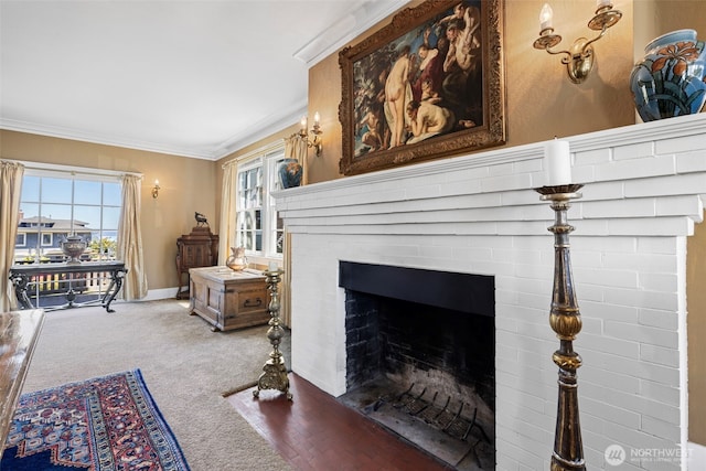 4410 N 45th St, Tacoma, WA 98407 - carpeted living area featuring a fireplace and ornamental molding
