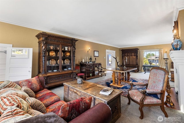 4410 N 45th St, Tacoma, WA 98407 - carpeted living area with crown molding and a fireplace