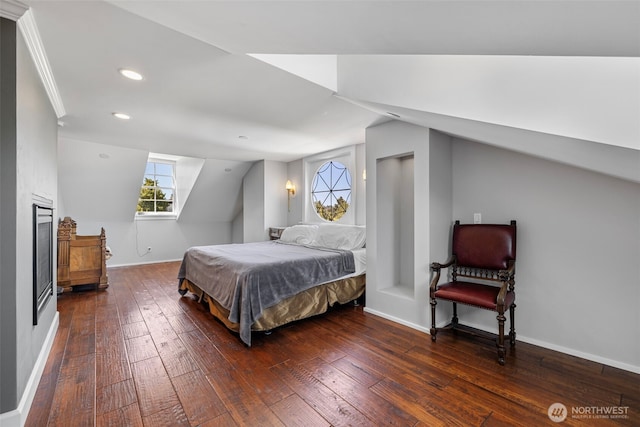 4410 N 45th St, Tacoma, WA 98407 - bedroom featuring hardwood / wood-style flooring, recessed lighting, lofted ceiling, and a fireplace