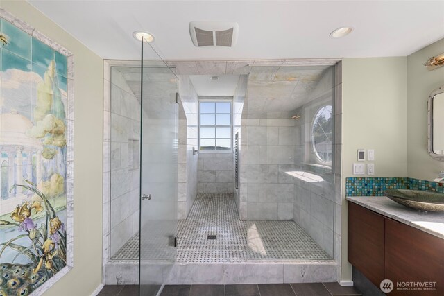 4410 N 45th St, Tacoma, WA 98407 - bathroom with vanity, a shower stall, and tile patterned floors