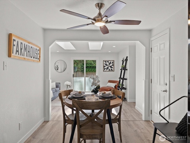 7102 Church Creek Cir NW, Stanwood, WA 98292 - dining space featuring a ceiling fan, light wood finished floors, and a skylight