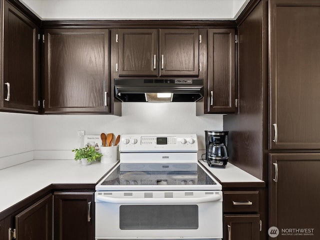 7102 Church Creek Cir NW, Stanwood, WA 98292 - kitchen featuring white electric range oven, under cabinet range hood, dark brown cabinetry, and light countertops