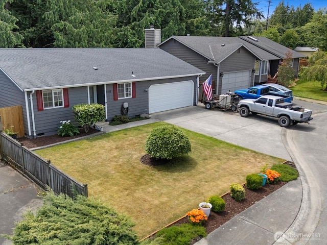 7102 Church Creek Cir NW, Stanwood, WA 98292 - ranch-style home featuring a garage, driveway, a chimney, and roof with shingles