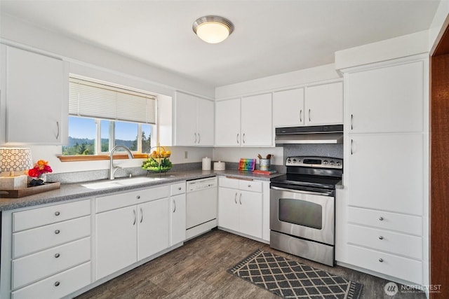 411 15th Ave, Milton, WA 98354 - kitchen featuring electric range, under cabinet range hood, white dishwasher, dark wood-style flooring, and white cabinets