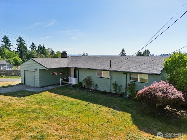 411 15th Ave, Milton, WA 98354 - view of front of house featuring a chimney, a front yard, roof with shingles, and driveway