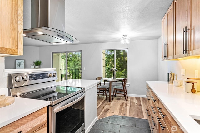 3104 Bill Mcdonald Pkwy Unit D104, Bellingham, WA 98225 - kitchen featuring stainless steel electric stove, wall chimney range hood, light countertops, light wood-style floors, and a textured ceiling