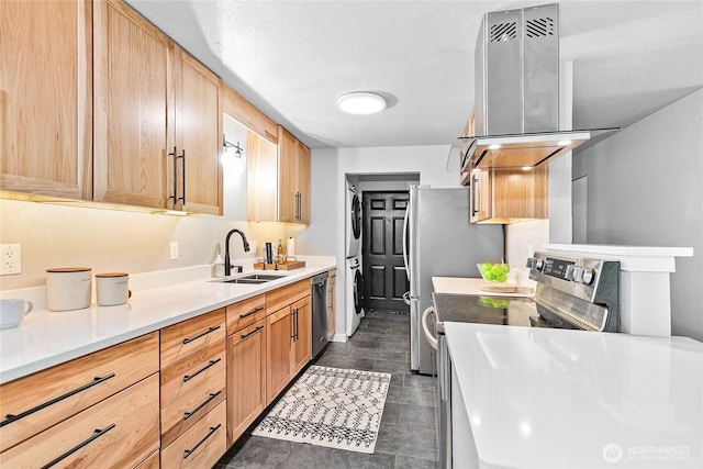 3104 Bill Mcdonald Pkwy Unit D104, Bellingham, WA 98225 - kitchen featuring stainless steel appliances, island exhaust hood, light countertops, light brown cabinetry, and stacked washer / dryer