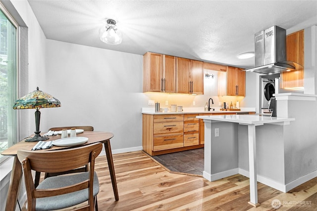 3104 Bill Mcdonald Pkwy Unit D104, Bellingham, WA 98225 - kitchen featuring island range hood, stacked washer / dryer, light wood-type flooring, light countertops, and a peninsula