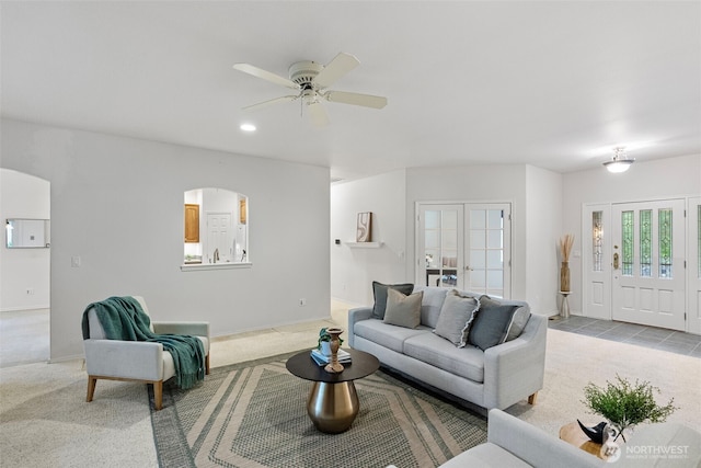 7506 Hawkstone Ave SW, Port Orchard, WA 98367 - living area with carpet floors, a ceiling fan, and recessed lighting