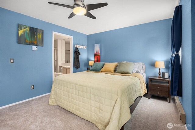 15600 116th Ave NE Unit E4, Bothell, WA 98011 - bedroom with light colored carpet, ensuite bathroom, and a ceiling fan