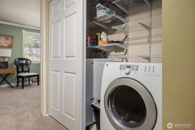 15600 116th Ave NE Unit E4, Bothell, WA 98011 - washroom with washer / clothes dryer, carpet flooring, and crown molding