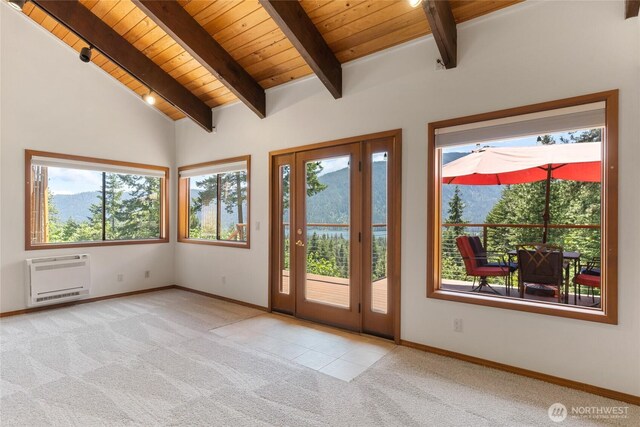 16537 Lakeview Dr, Leavenworth, WA 98826 - entryway featuring wooden ceiling, heating unit, light carpet, and plenty of natural light
