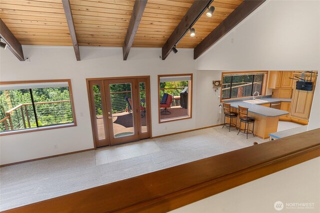 16537 Lakeview Dr, Leavenworth, WA 98826 - interior space with light colored carpet, wooden ceiling, and track lighting