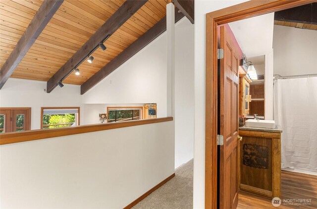 16537 Lakeview Dr, Leavenworth, WA 98826 - corridor with wood ceiling, carpet, and track lighting