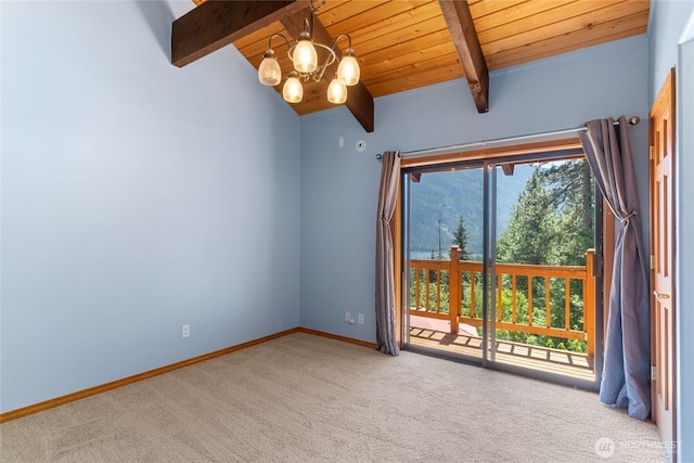 16537 Lakeview Dr, Leavenworth, WA 98826 - carpeted empty room with a chandelier and a wooden ceiling with exposed beams