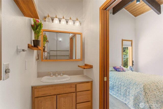 16537 Lakeview Dr, Leavenworth, WA 98826 - bathroom featuring vanity, connected bathroom, and wooden ceiling