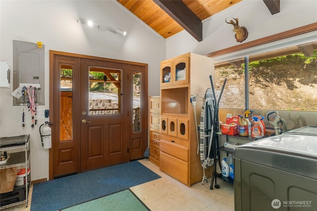 16537 Lakeview Dr, Leavenworth, WA 98826 - entrance foyer featuring wood ceiling, healthy amount of natural light, washer / clothes dryer, and light flooring