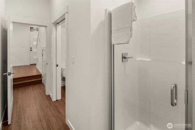 2749 Clare Ave Unit 1, Bremerton, WA 98310 - bathroom featuring wood finished floors and a shower stall
