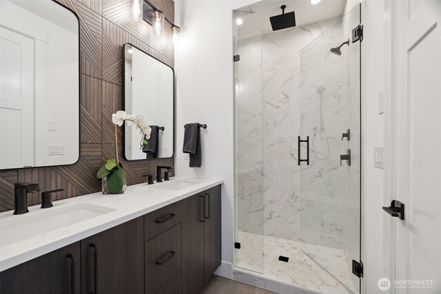 13005 NE 88th St, Kirkland, WA 98033 - full bath with a marble finish shower, double vanity, and tasteful backsplash