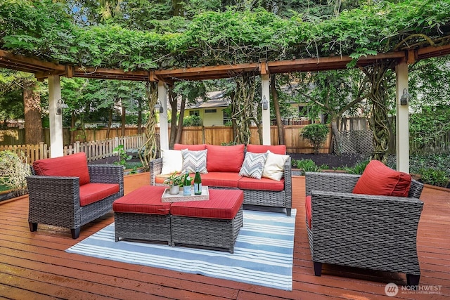 2892 160th Pl NE, Bellevue, WA 98008 - wooden terrace with outdoor lounge area and a fenced backyard