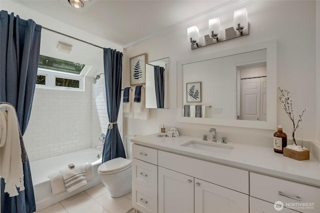 202 W Olympic Pl Unit 201, Seattle, WA 98119 - bathroom with vanity, shower / tub combo with curtain, tile patterned flooring, and ornamental molding