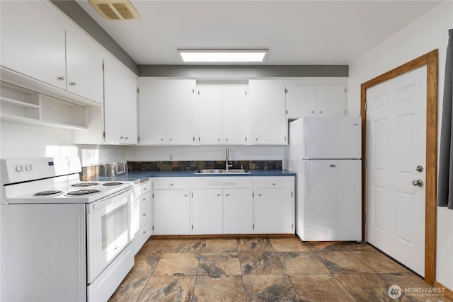 2104 E Ave, Anacortes, WA 98221 - kitchen featuring white appliances, dark countertops, white cabinetry, and stone finish flooring
