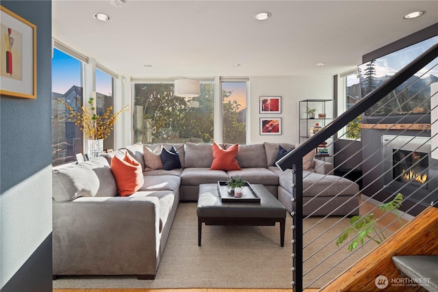1115 24th Ave S, Seattle, WA 98144 - living area with recessed lighting, expansive windows, stairway, and a textured wall