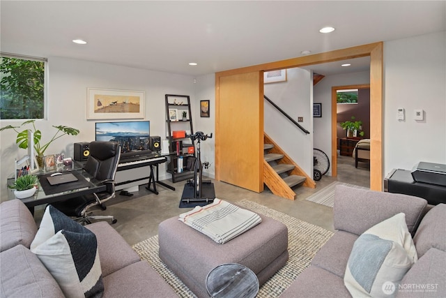 1115 24th Ave S, Seattle, WA 98144 - living area with concrete flooring, recessed lighting, and stairs