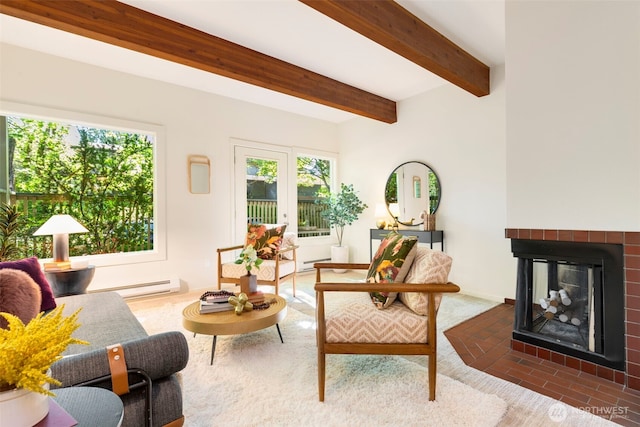 1717 16th Ave Unit 10, Seattle, WA 98122 - carpeted living area featuring beamed ceiling, a fireplace, and baseboard heating