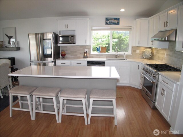 32404 G St, Ocean Park, WA 98640 - kitchen featuring stainless steel appliances, under cabinet range hood, a kitchen bar, wood finished floors, and tasteful backsplash