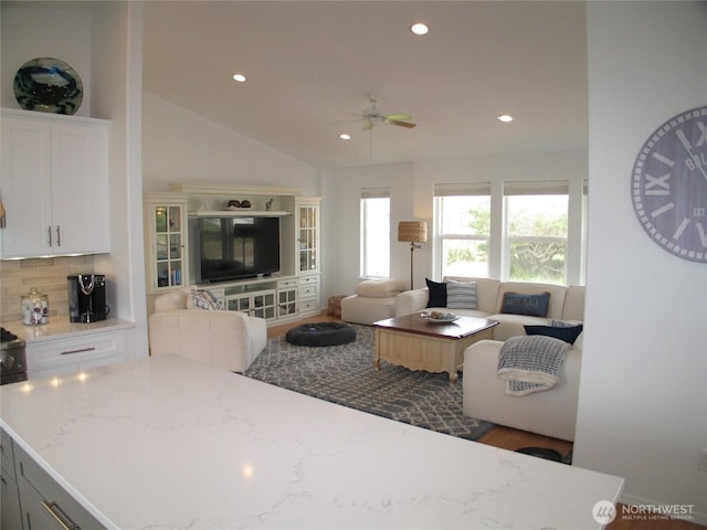 32404 G St, Ocean Park, WA 98640 - living area featuring ceiling fan, recessed lighting, and lofted ceiling