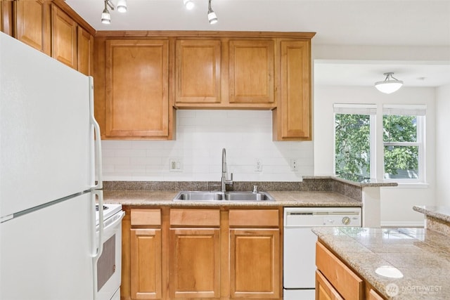 20320 Bothell Everett Hwy Unit D201, Bothell, WA 98012 - kitchen featuring white appliances, decorative backsplash, and brown cabinetry