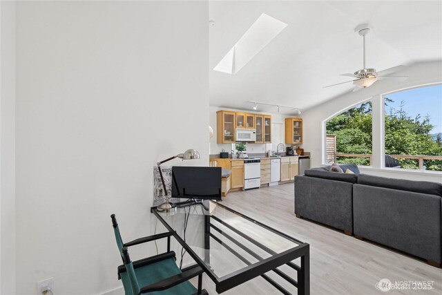 7773 Hideaway Ln, Anacortes, WA 98221 - living room with a skylight, light wood-style floors, vaulted ceiling, a ceiling fan, and track lighting