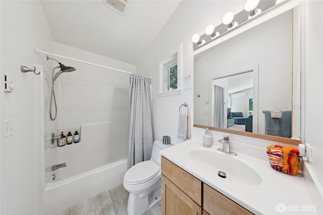 7773 Hideaway Ln, Anacortes, WA 98221 - bathroom featuring vanity, shower / bath combo with shower curtain, and vaulted ceiling