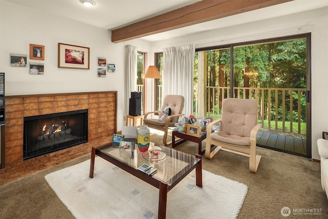 3939 108th Ave NE Unit A104, Bellevue, WA 98004 - living room with beam ceiling, a brick fireplace, and carpet flooring