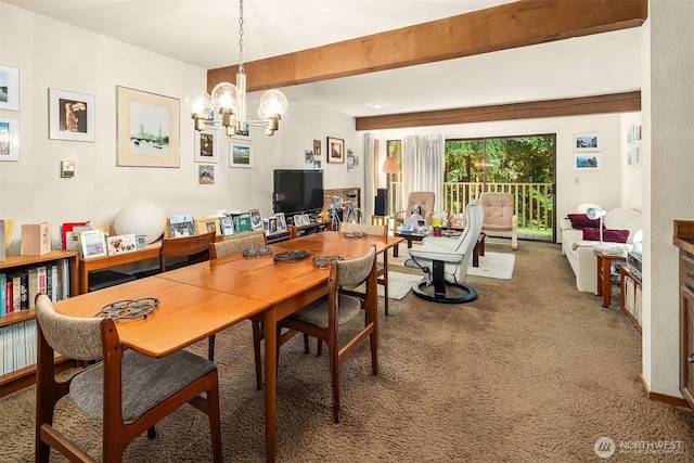 3939 108th Ave NE Unit A104, Bellevue, WA 98004 - carpeted dining space featuring a chandelier and beamed ceiling