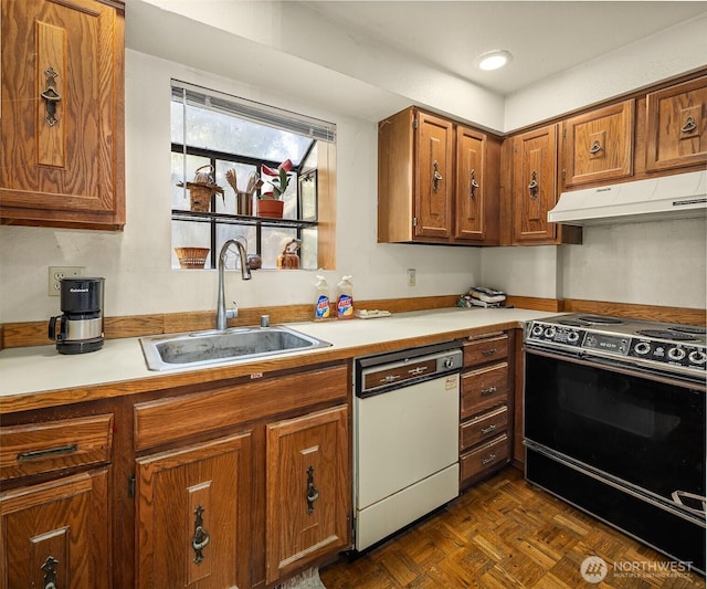 3939 108th Ave NE Unit A104, Bellevue, WA 98004 - kitchen featuring white dishwasher, electric stove, under cabinet range hood, and light countertops
