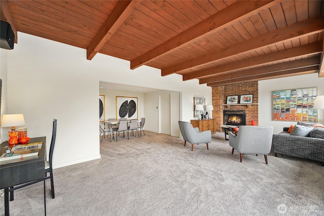 8751 Jones Ave NW, Seattle, WA 98117 - living area featuring carpet, a wood ceiling with exposed beams, and a fireplace