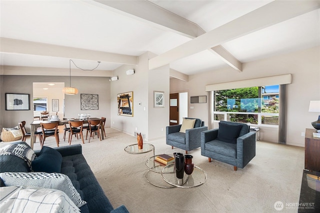 8751 Jones Ave NW, Seattle, WA 98117 - living room with light colored carpet and beam ceiling