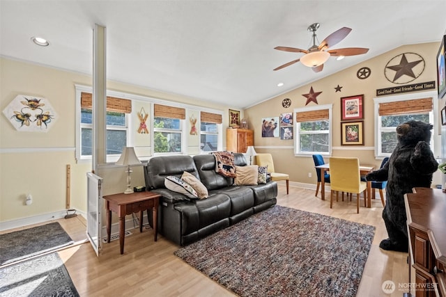 231 Benton, Leavenworth, WA 98826 - living room with vaulted ceiling, plenty of natural light, a ceiling fan, light wood-type flooring, and recessed lighting