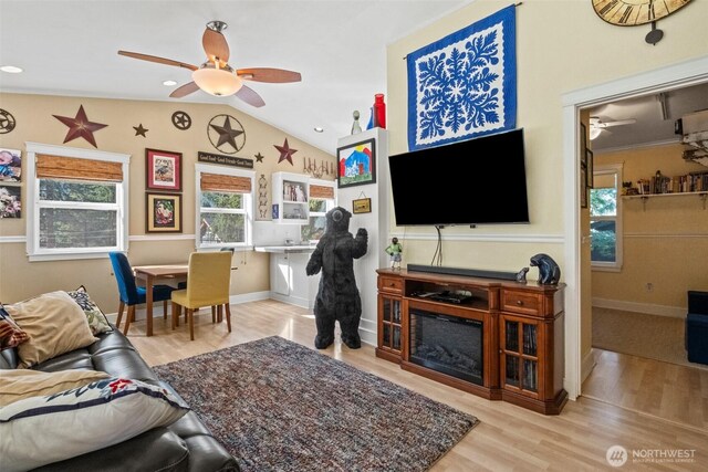 231 Benton, Leavenworth, WA 98826 - living area with a ceiling fan, light wood-style flooring, and lofted ceiling