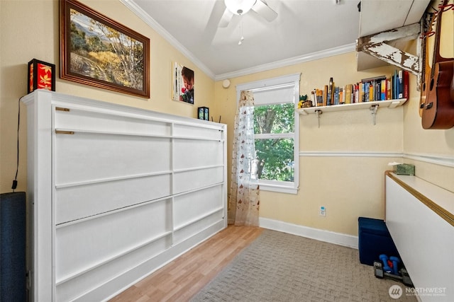 231 Benton, Leavenworth, WA 98826 - unfurnished bedroom with ornamental molding, wood finished floors, and a ceiling fan