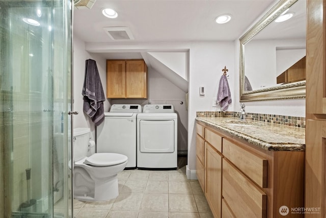 231 Benton, Leavenworth, WA 98826 - full bath featuring separate washer and dryer, vanity, a stall shower, tile patterned flooring, and recessed lighting