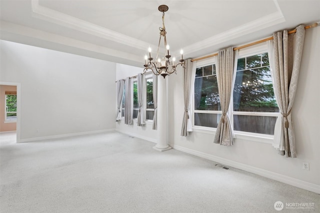3301 Monterey Ct NE, Renton, WA 98056 - spare room featuring a tray ceiling, a chandelier, carpet floors, and crown molding