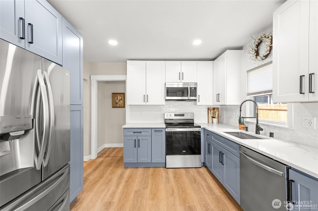 5116 N 40th St, Tacoma, WA 98407 - kitchen featuring appliances with stainless steel finishes, light wood finished floors, backsplash, white cabinetry, and recessed lighting