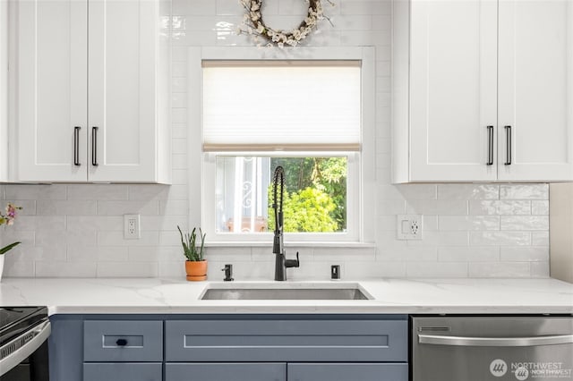 5116 N 40th St, Tacoma, WA 98407 - kitchen featuring dishwasher, white cabinets, light stone counters, backsplash, and gray cabinetry